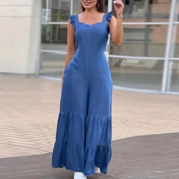 ⁦بذلات نسائية من الدنيم المقلدة الصلبة ، رقبة على شكل حرف V ، خصر مرتفع ، بذلات رياضية مستقيمة ، صيف ، مكشوف الظهر ، ساق واسعة ، بنطال بطيات ، رومبير ، ربيع⁩ - الصورة ⁦2⁩