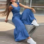 بذلات نسائية من الدنيم المقلدة الصلبة ، رقبة على شكل حرف V ، خصر مرتفع ، بذلات رياضية مستقيمة ، صيف ، مكشوف الظهر ، ساق واسعة ، بنطال بطيات ، رومبير ، ربيع