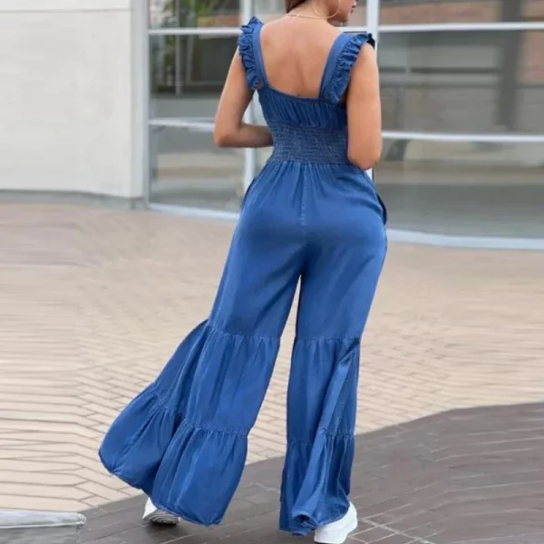 ⁦بذلات نسائية من الدنيم المقلدة الصلبة ، رقبة على شكل حرف V ، خصر مرتفع ، بذلات رياضية مستقيمة ، صيف ، مكشوف الظهر ، ساق واسعة ، بنطال بطيات ، رومبير ، ربيع⁩ - الصورة ⁦3⁩