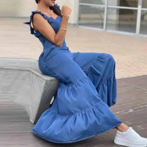 ⁦بذلات نسائية من الدنيم المقلدة الصلبة ، رقبة على شكل حرف V ، خصر مرتفع ، بذلات رياضية مستقيمة ، صيف ، مكشوف الظهر ، ساق واسعة ، بنطال بطيات ، رومبير ، ربيع⁩ - الصورة ⁦4⁩